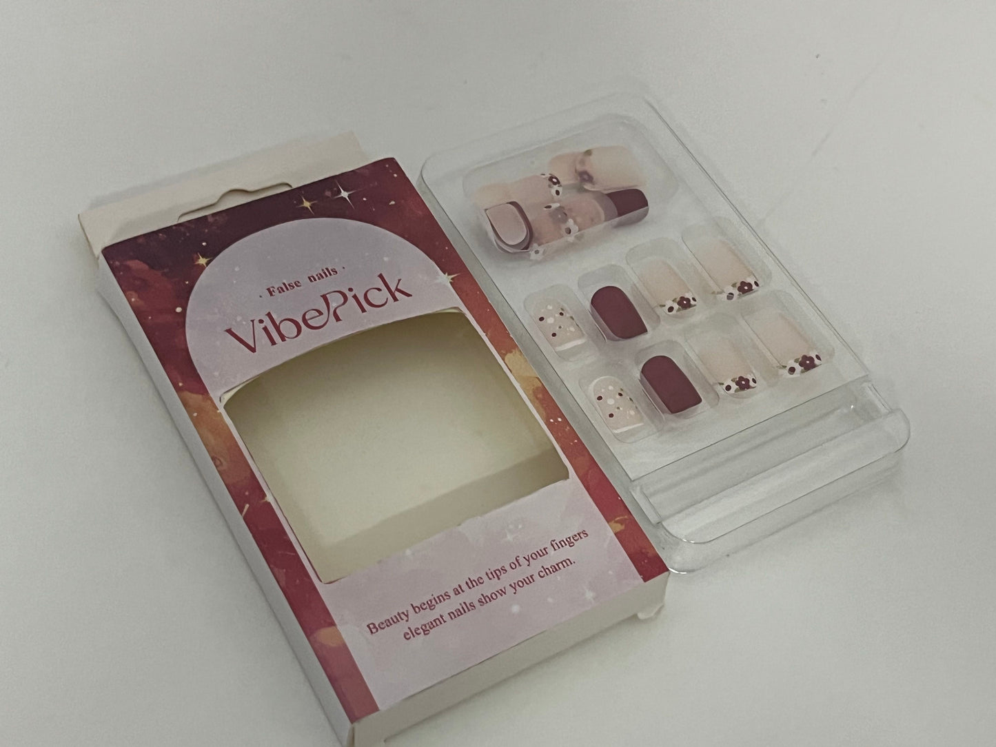 [VibePick False nails]-Cherry Jelly Press-On Nails - French Floral Nail Tips