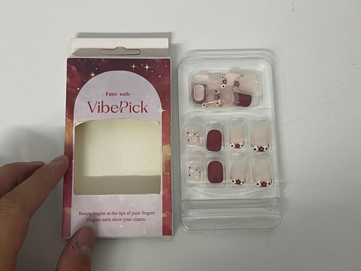 [VibePick False nails]-Cherry Jelly Press-On Nails - French Floral Nail Tips