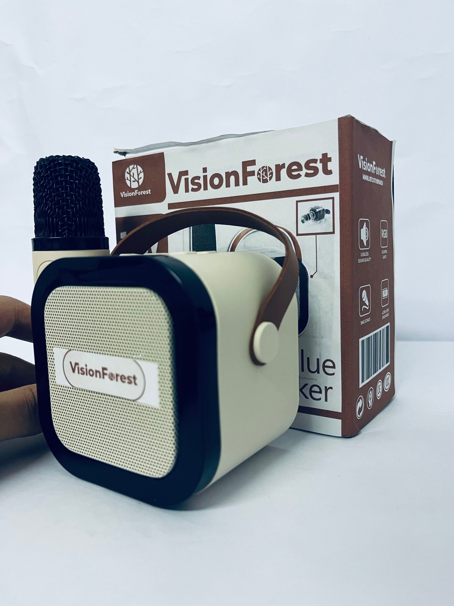 VisionForest Karaoke Machine for Kids Adults, Mini Portable Bluetooth Karaoke Speaker with Wireless Microphone and Light,Toys for All Smartphones,Birthday, Family,Home Party Beige