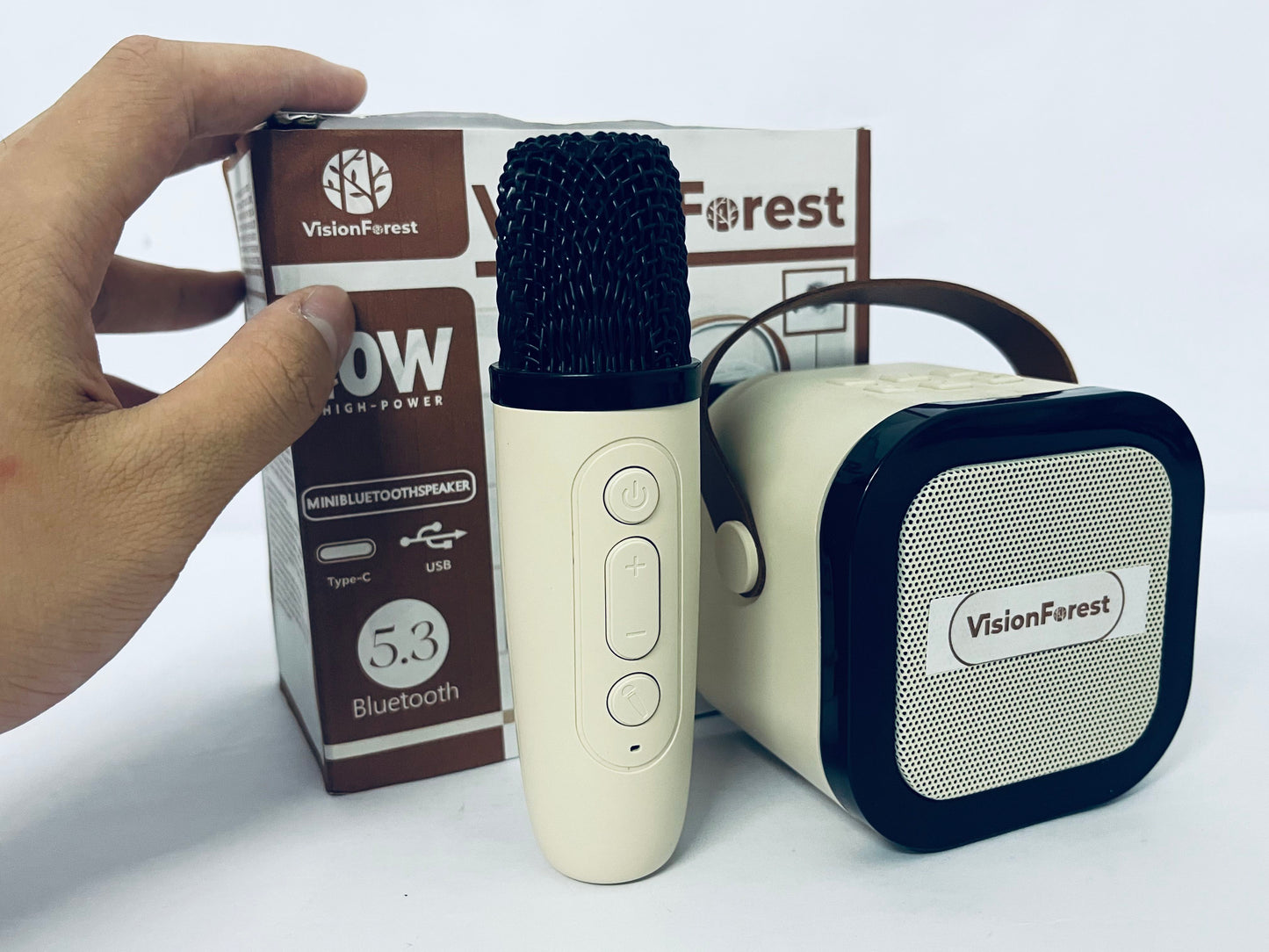 VisionForest Karaoke Machine for Kids Adults, Mini Portable Bluetooth Karaoke Speaker with Wireless Microphone and Light,Toys for All Smartphones,Birthday, Family,Home Party Beige