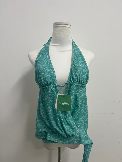 Vogking Teal Tie-Dye Halter Swimsuit Top for Women, Deep V Neck Ruched Bathing Suit Top, Adjustable Side Drawstring Beach Pool Swimwear Top, Stylish Vacation Swim Top