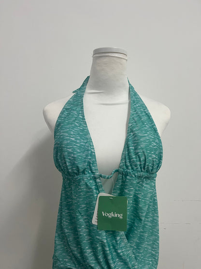 Vogking Teal Tie-Dye Halter Swimsuit Top for Women, Deep V Neck Ruched Bathing Suit Top, Adjustable Side Drawstring Beach Pool Swimwear Top, Stylish Vacation Swim Top