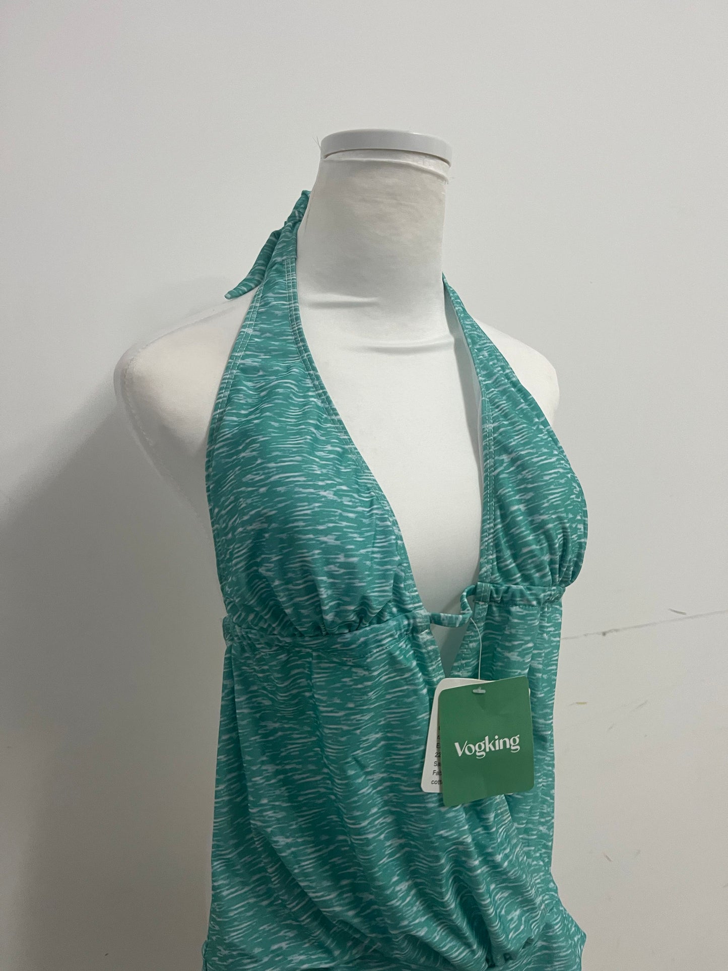 Vogking Teal Tie-Dye Halter Swimsuit Top for Women, Deep V Neck Ruched Bathing Suit Top, Adjustable Side Drawstring Beach Pool Swimwear Top, Stylish Vacation Swim Top