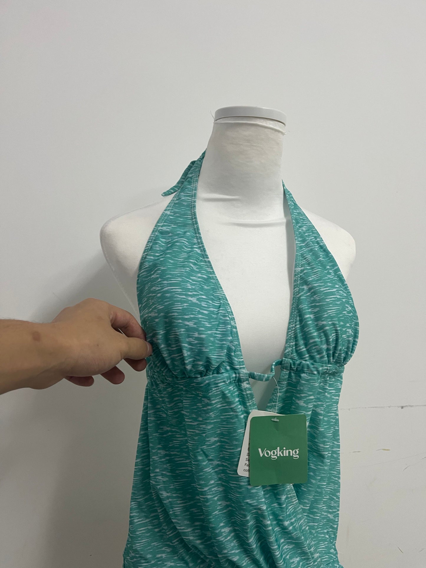 Vogking Teal Tie-Dye Halter Swimsuit Top for Women, Deep V Neck Ruched Bathing Suit Top, Adjustable Side Drawstring Beach Pool Swimwear Top, Stylish Vacation Swim Top