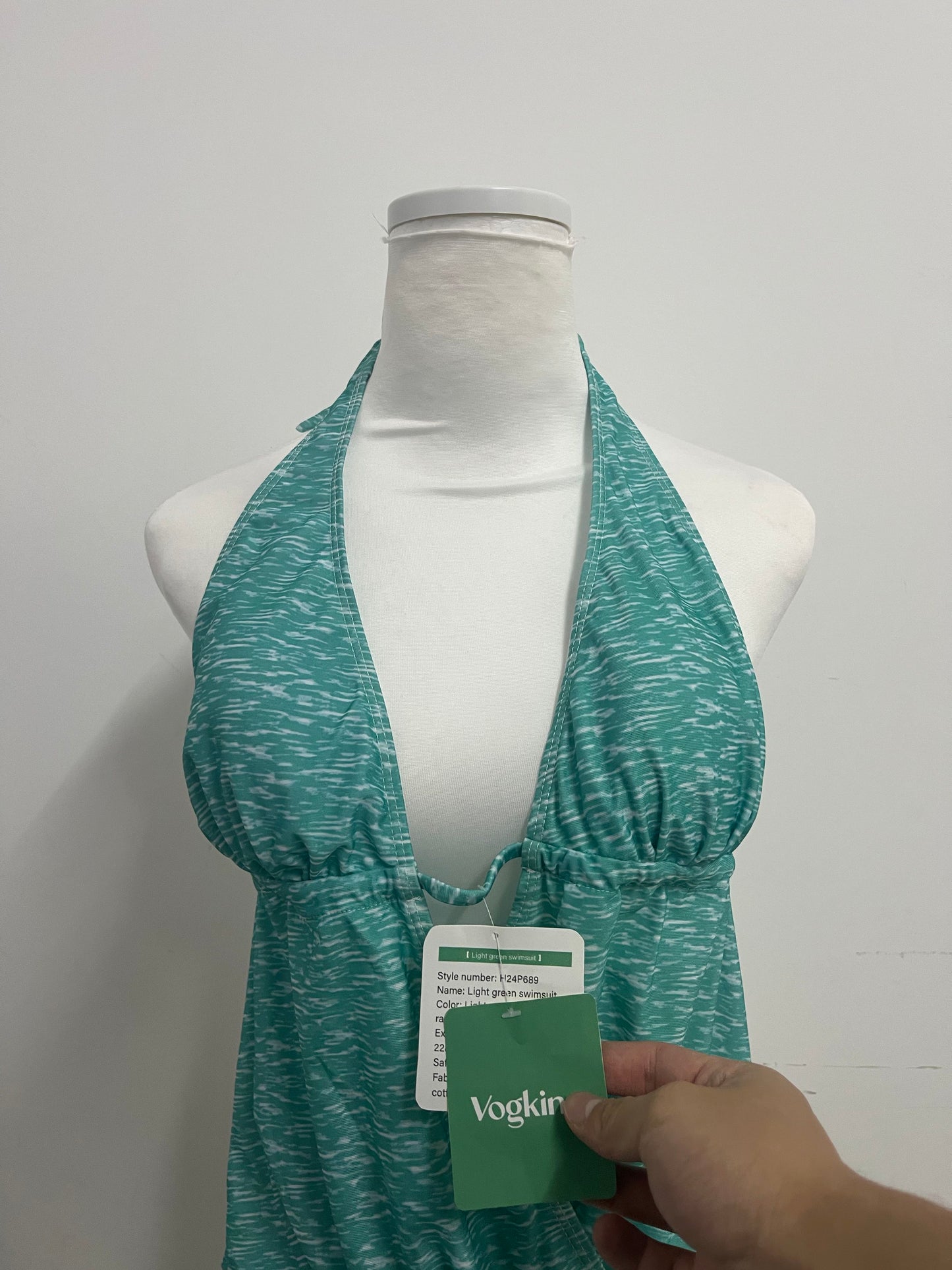 Vogking Teal Tie-Dye Halter Swimsuit Top for Women, Deep V Neck Ruched Bathing Suit Top, Adjustable Side Drawstring Beach Pool Swimwear Top, Stylish Vacation Swim Top