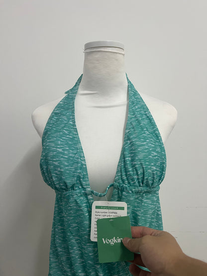 Vogking Teal Tie-Dye Halter Swimsuit Top for Women, Deep V Neck Ruched Bathing Suit Top, Adjustable Side Drawstring Beach Pool Swimwear Top, Stylish Vacation Swim Top