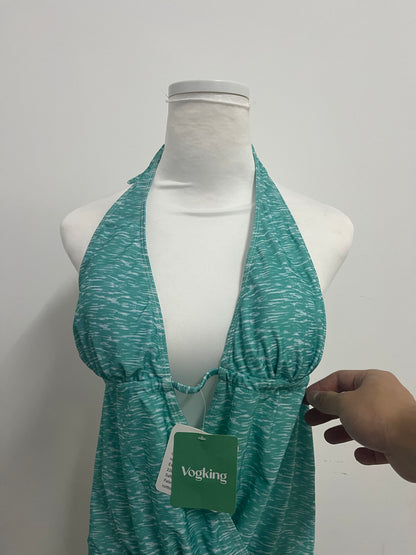 Vogking Teal Tie-Dye Halter Swimsuit Top for Women, Deep V Neck Ruched Bathing Suit Top, Adjustable Side Drawstring Beach Pool Swimwear Top, Stylish Vacation Swim Top