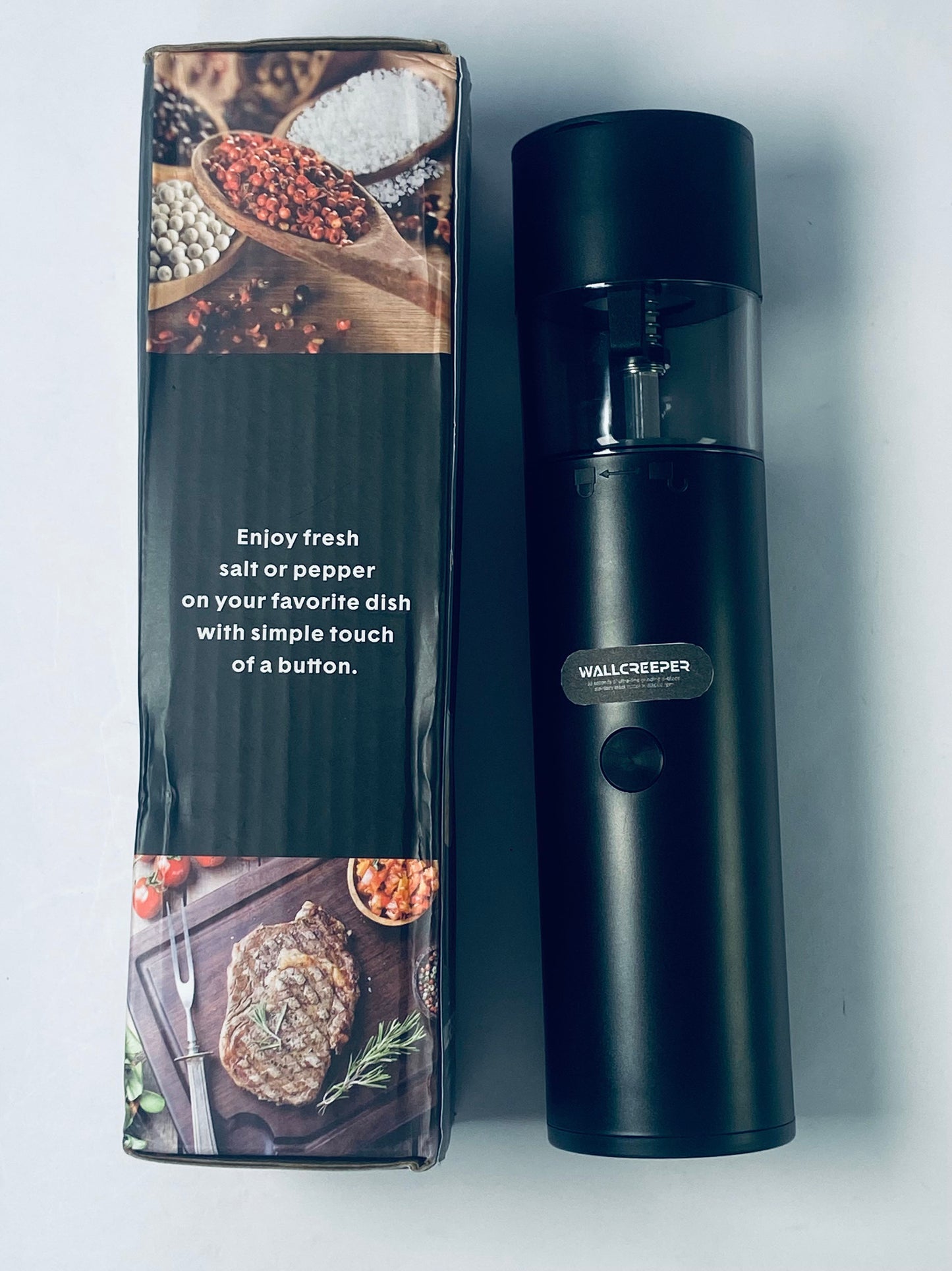 WALLCREEPER Electric food grinders  Electric salt and Pepper Grinder shakers set One-Hand Operation for Rechargeable Automatic Pepper Mill Grinder (black)