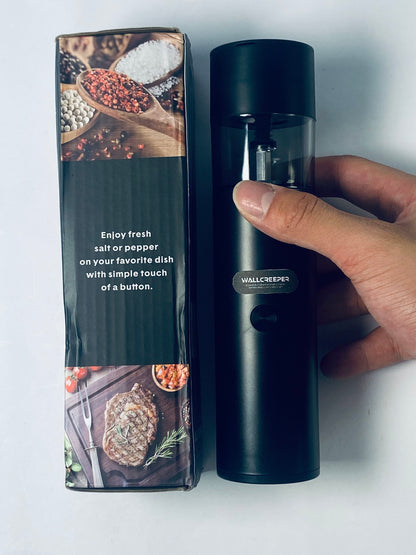 WALLCREEPER Electric food grinders  Electric salt and Pepper Grinder shakers set One-Hand Operation for Rechargeable Automatic Pepper Mill Grinder (black)