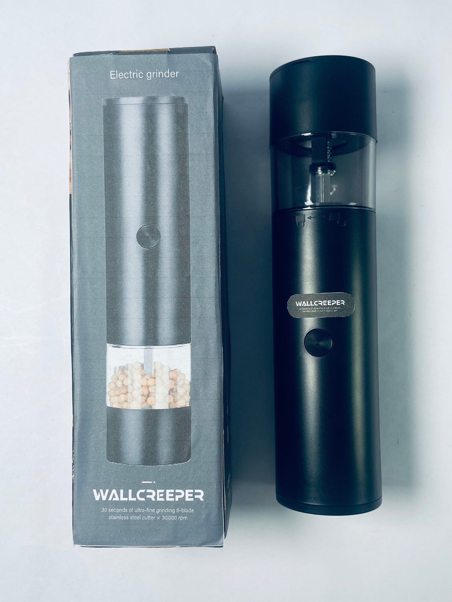 WALLCREEPER Electric food grinders  Electric salt and Pepper Grinder shakers set One-Hand Operation for Rechargeable Automatic Pepper Mill Grinder (black)