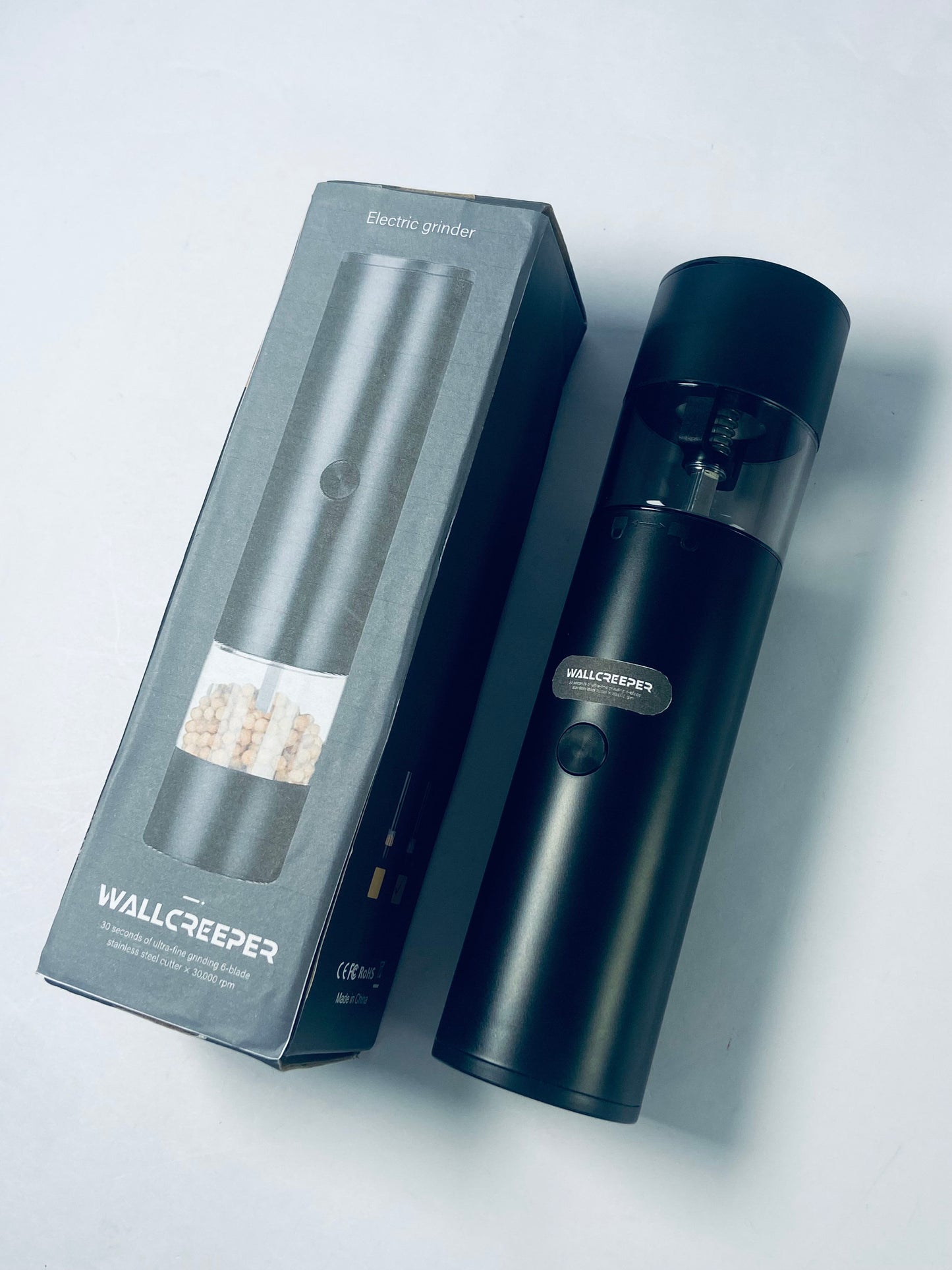 WALLCREEPER Electric food grinders  Electric salt and Pepper Grinder shakers set One-Hand Operation for Rechargeable Automatic Pepper Mill Grinder (black)