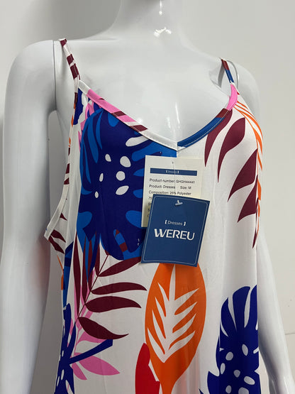 [WEREU Dresses]-Tropical Print Slip Dress - Vacation-Style Loose Casual Dress