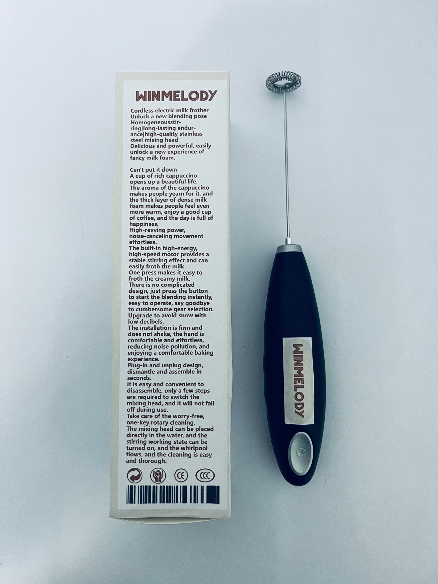 WINMELODY Electric Milk Blender, 10000 R/Min, Handheld, Easy To Store Portable, cordless,One Touch, Removable Stainless Steel Blender, Lattes, Coffee, Mixing Drink