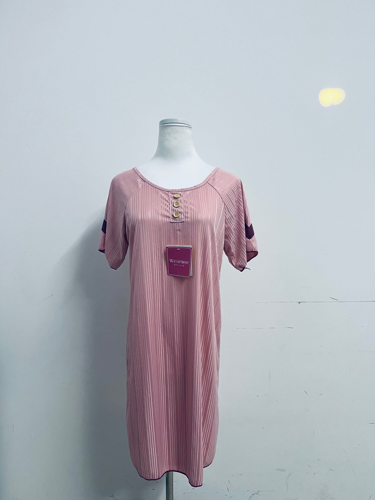 Wearose Sleepwear Pink Sleep Dress - Relaxed Fit Satin Nightgown with Yellow Buttons