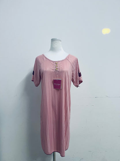 Wearose Sleepwear Pink Sleep Dress - Relaxed Fit Satin Nightgown with Yellow Buttons