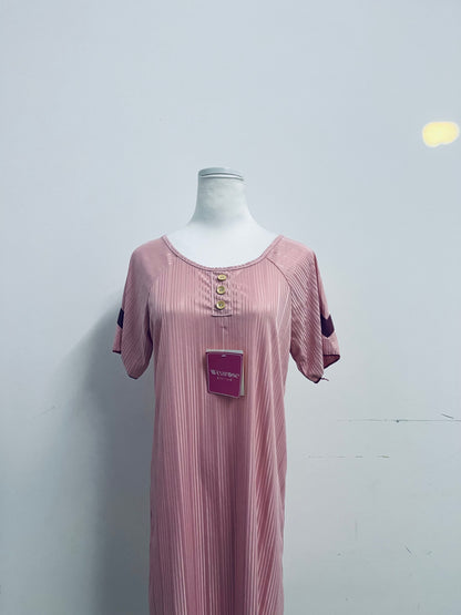 Wearose Sleepwear Pink Sleep Dress - Relaxed Fit Satin Nightgown with Yellow Buttons