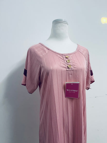 Wearose Sleepwear Pink Sleep Dress - Relaxed Fit Satin Nightgown with Yellow Buttons