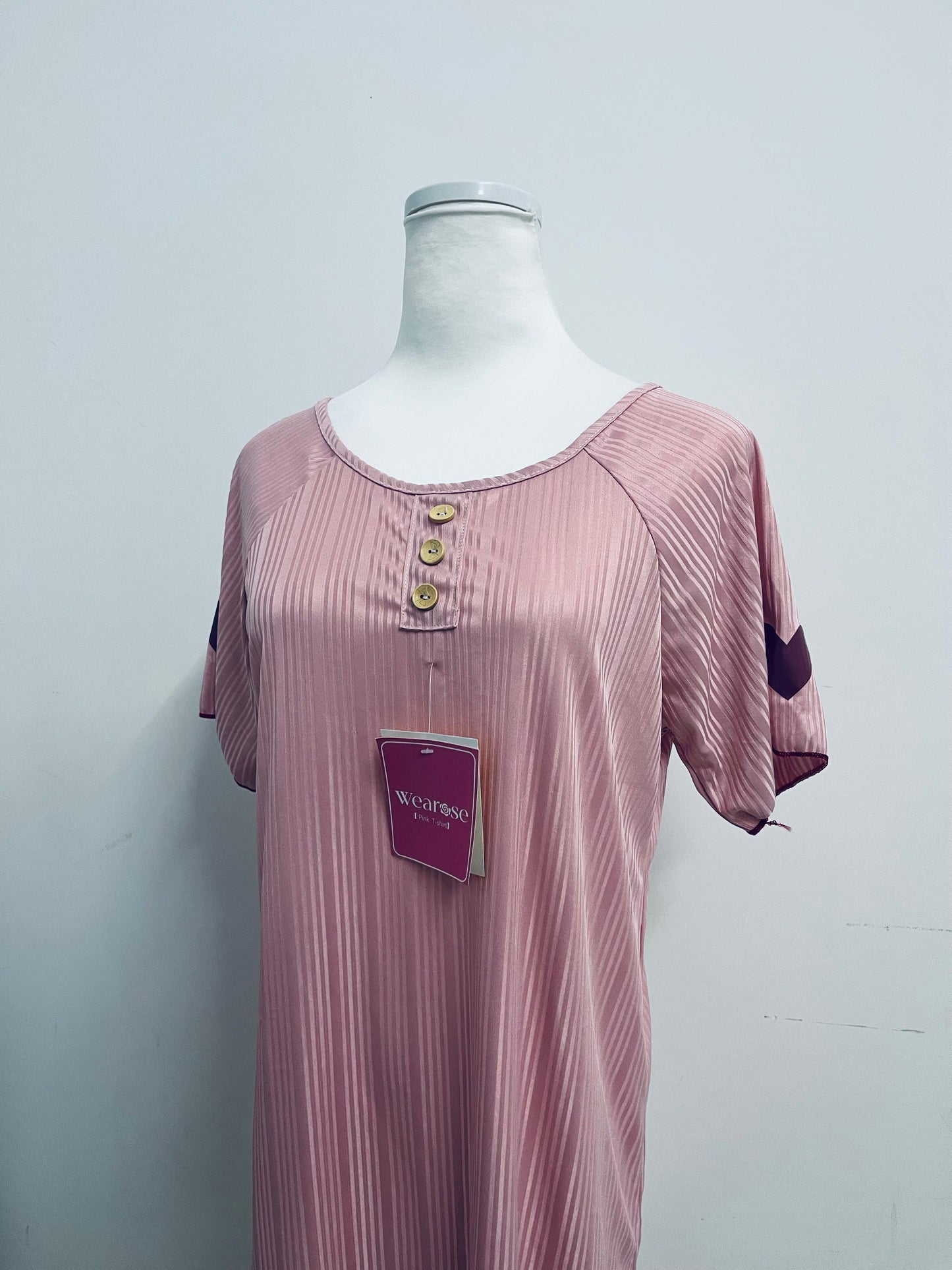 Wearose Sleepwear Pink Sleep Dress - Relaxed Fit Satin Nightgown with Yellow Buttons