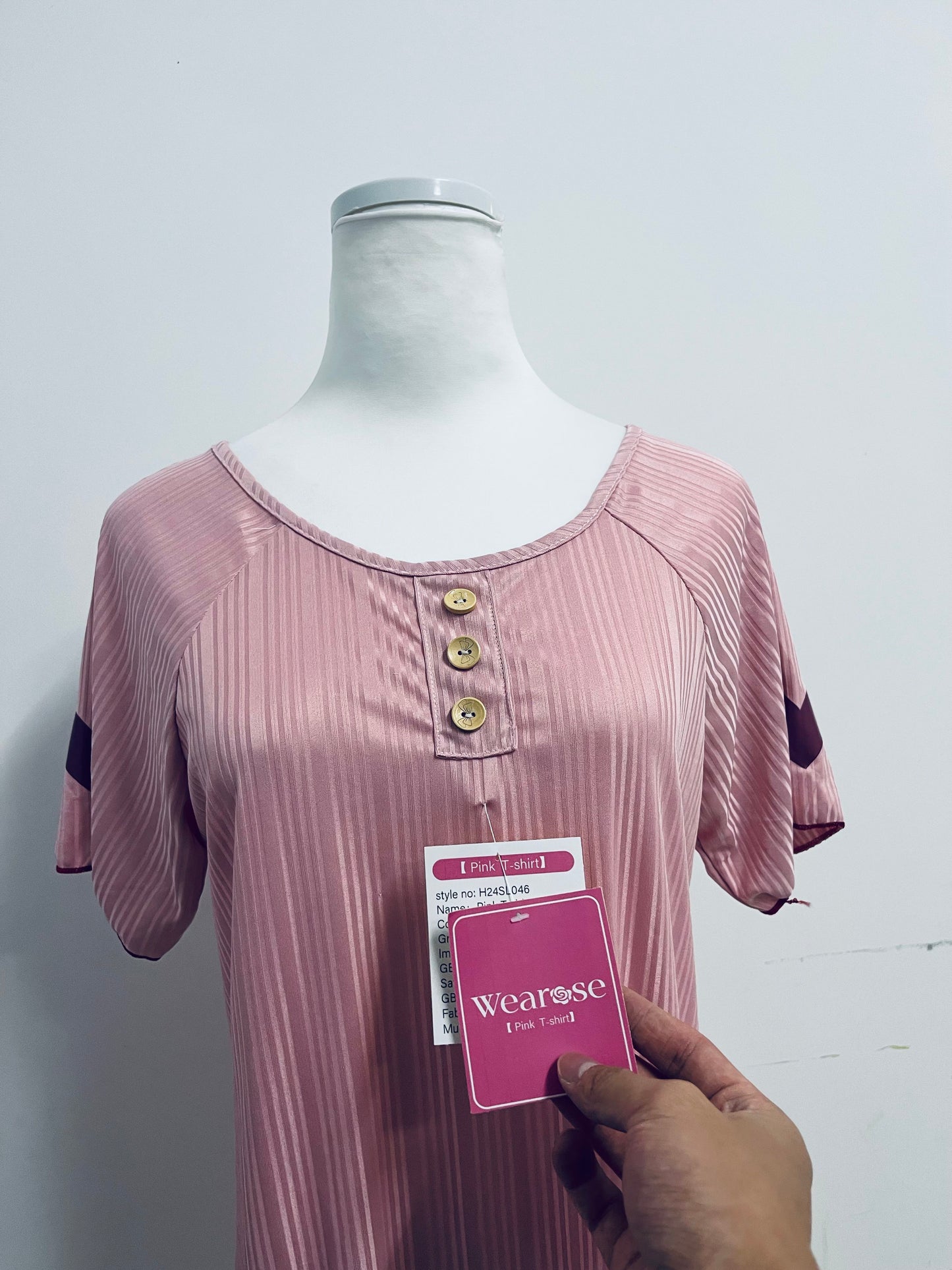 Wearose Sleepwear Pink Sleep Dress - Relaxed Fit Satin Nightgown with Yellow Buttons