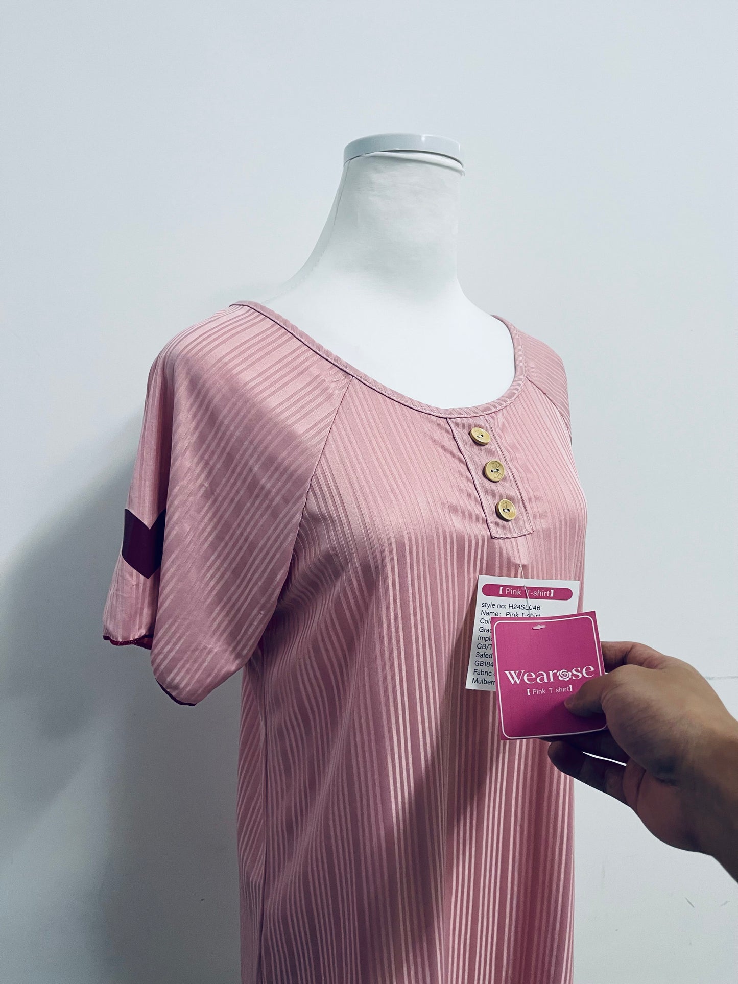 Wearose Sleepwear Pink Sleep Dress - Relaxed Fit Satin Nightgown with Yellow Buttons