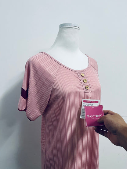 Wearose Sleepwear Pink Sleep Dress - Relaxed Fit Satin Nightgown with Yellow Buttons