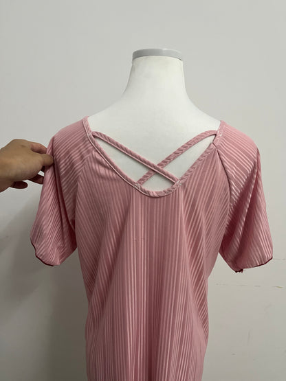 Wearose Sleepwear Pink Sleep Dress - Relaxed Fit Satin Nightgown with Yellow Buttons