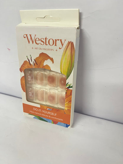 Westory Stick on Finger Nails with Designs, 24Pcs Full Cover Reusable False Nails Kits, Press on Nails Short Square, Artificial Fingernails Acrylic Fake Nails for Women, Glue on Nails Coffin Shape