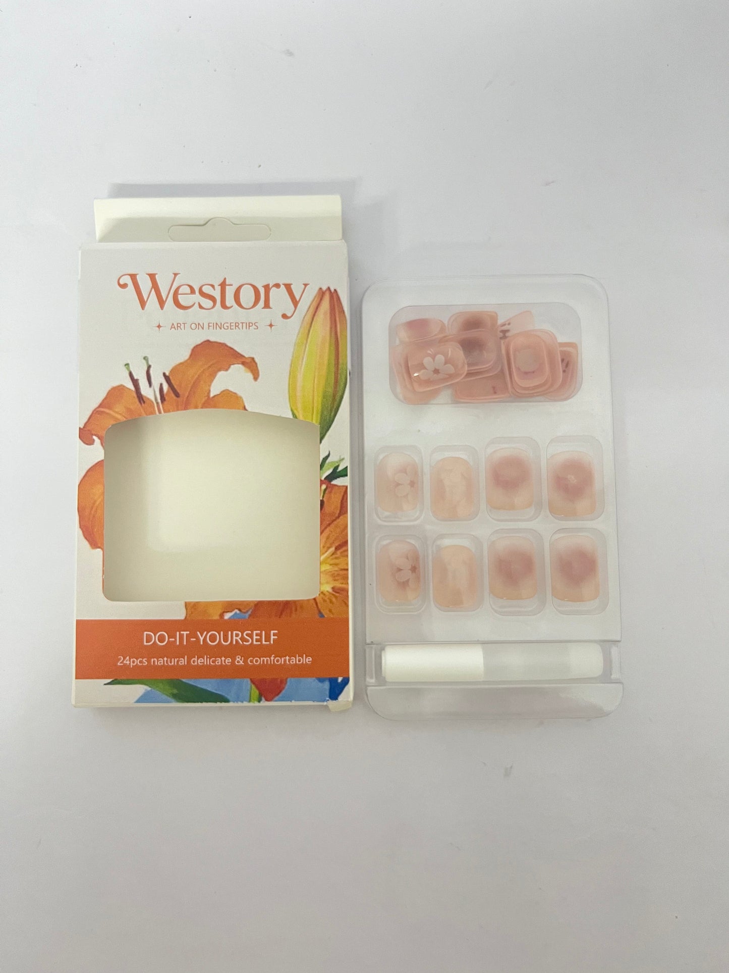 Westory Stick on Finger Nails with Designs, 24Pcs Full Cover Reusable False Nails Kits, Press on Nails Short Square, Artificial Fingernails Acrylic Fake Nails for Women, Glue on Nails Coffin Shape