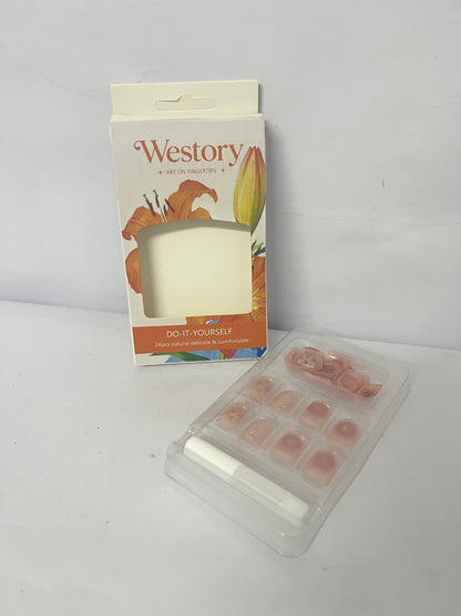 Westory Stick on Finger Nails with Designs, 24Pcs Full Cover Reusable False Nails Kits, Press on Nails Short Square, Artificial Fingernails Acrylic Fake Nails for Women, Glue on Nails Coffin Shape