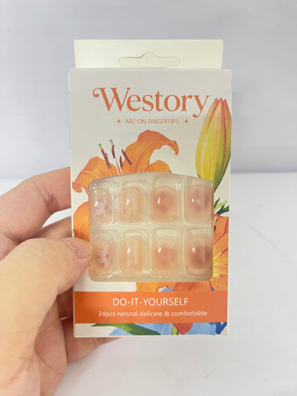 Westory Stick on Finger Nails with Designs, 24Pcs Full Cover Reusable False Nails Kits, Press on Nails Short Square, Artificial Fingernails Acrylic Fake Nails for Women, Glue on Nails Coffin Shape