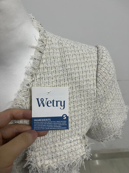 【Wetry Light Gray Fringed Tweed Top】—— Elegant & Textured Daily Statement Piece