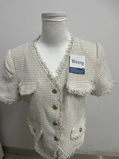 【Wetry Light Gray Fringed Tweed Top】—— Elegant & Textured Daily Statement Piece