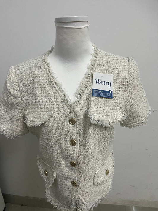 【Wetry Light Gray Fringed Tweed Top】—— Elegant & Textured Daily Statement Piece