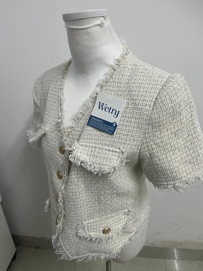 【Wetry Light Gray Fringed Tweed Top】—— Elegant & Textured Daily Statement Piece