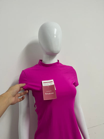 [Wholeone Dresses]-Magenta High-Neck Short-Sleeve Dress - Sexy Side-Cutout Bodycon A-Line Dress