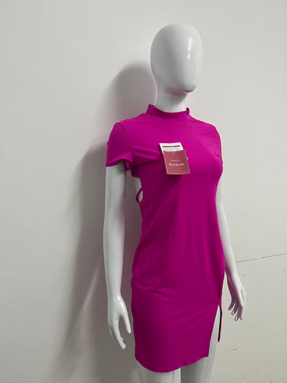 [Wholeone Dresses]-Magenta High-Neck Short-Sleeve Dress - Sexy Side-Cutout Bodycon A-Line Dress