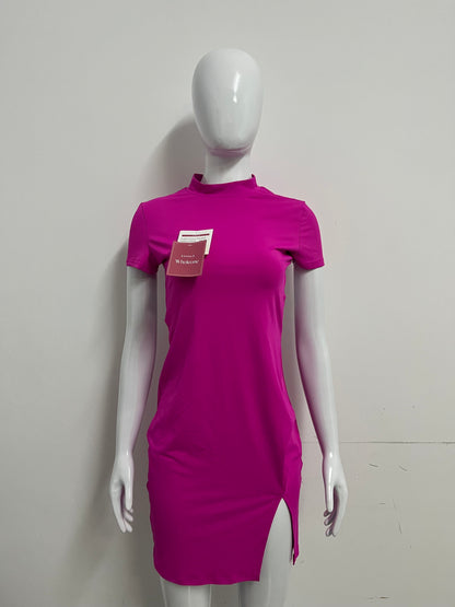 [Wholeone Dresses]-Magenta High-Neck Short-Sleeve Dress - Sexy Side-Cutout Bodycon A-Line Dress