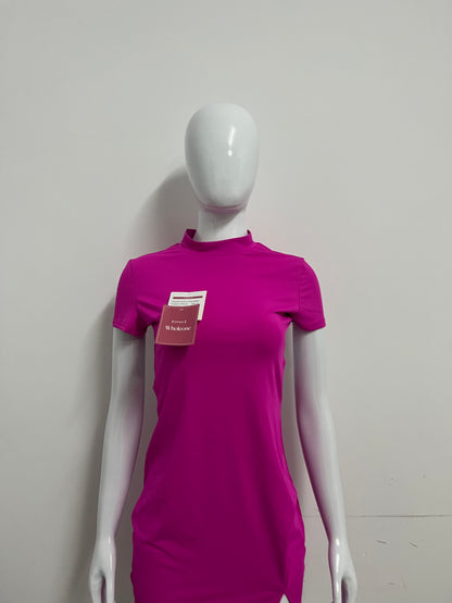 [Wholeone Dresses]-Magenta High-Neck Short-Sleeve Dress - Sexy Side-Cutout Bodycon A-Line Dress