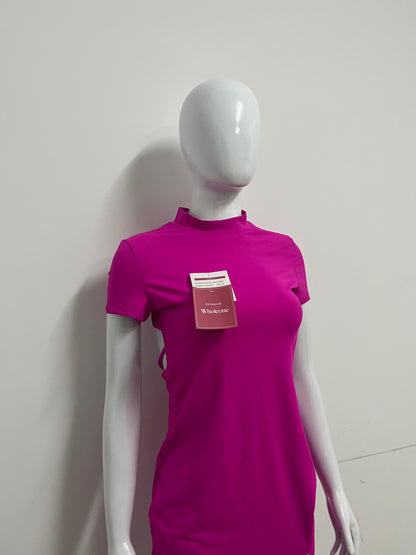 [Wholeone Dresses]-Magenta High-Neck Short-Sleeve Dress - Sexy Side-Cutout Bodycon A-Line Dress