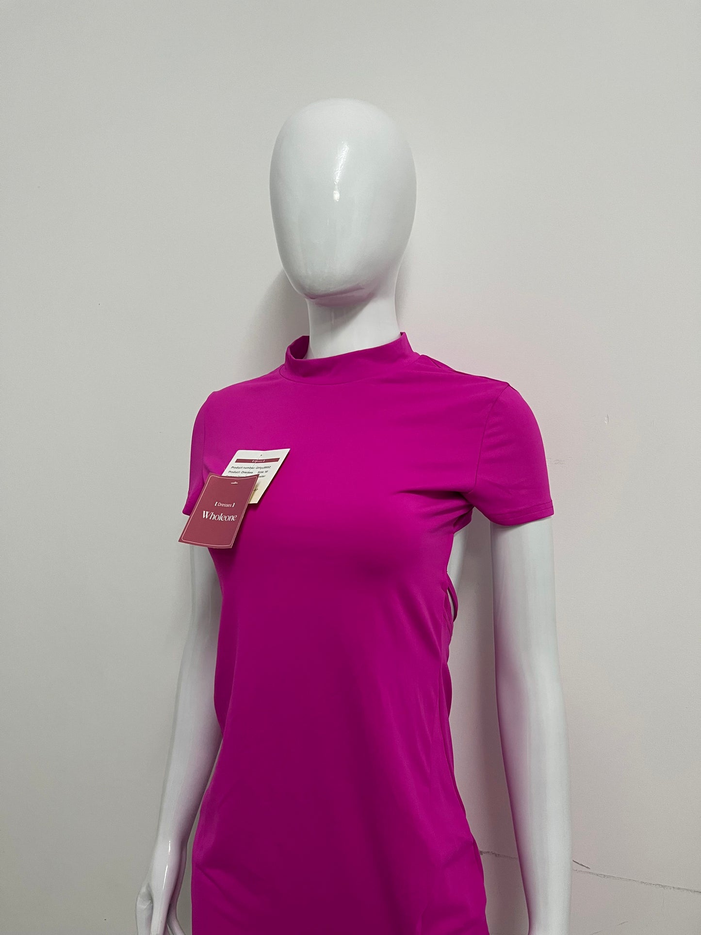[Wholeone Dresses]-Magenta High-Neck Short-Sleeve Dress - Sexy Side-Cutout Bodycon A-Line Dress