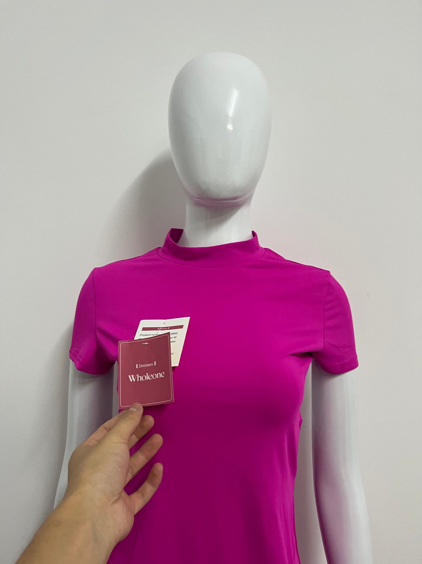 [Wholeone Dresses]-Magenta High-Neck Short-Sleeve Dress - Sexy Side-Cutout Bodycon A-Line Dress