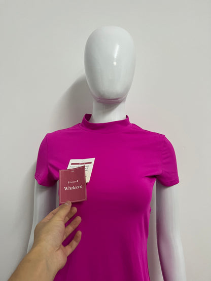 [Wholeone Dresses]-Magenta High-Neck Short-Sleeve Dress - Sexy Side-Cutout Bodycon A-Line Dress