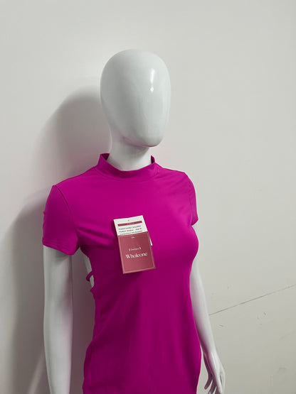 [Wholeone Dresses]-Magenta High-Neck Short-Sleeve Dress - Sexy Side-Cutout Bodycon A-Line Dress