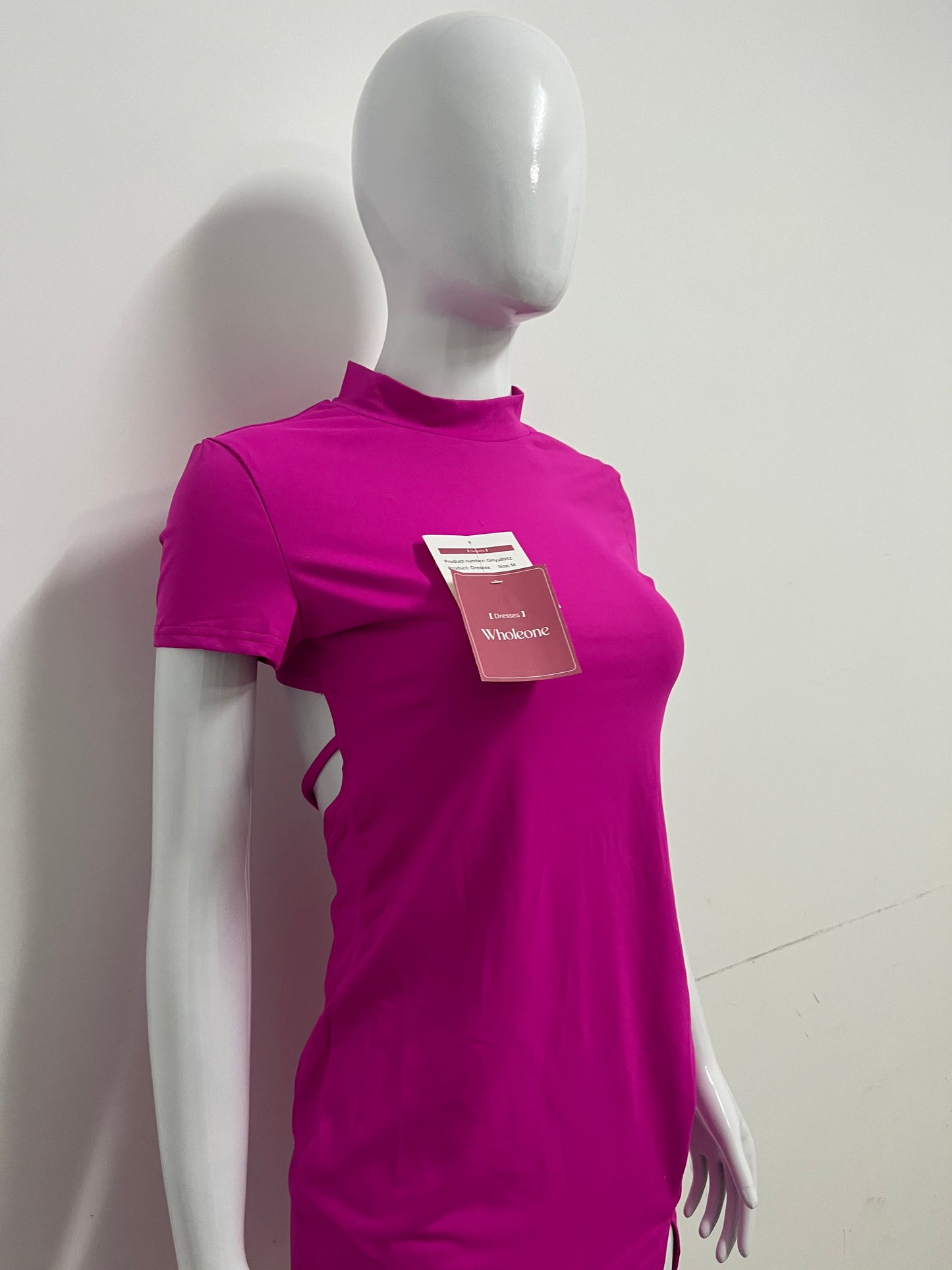 [Wholeone Dresses]-Magenta High-Neck Short-Sleeve Dress - Sexy Side-Cutout Bodycon A-Line Dress