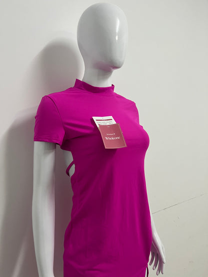 [Wholeone Dresses]-Magenta High-Neck Short-Sleeve Dress - Sexy Side-Cutout Bodycon A-Line Dress