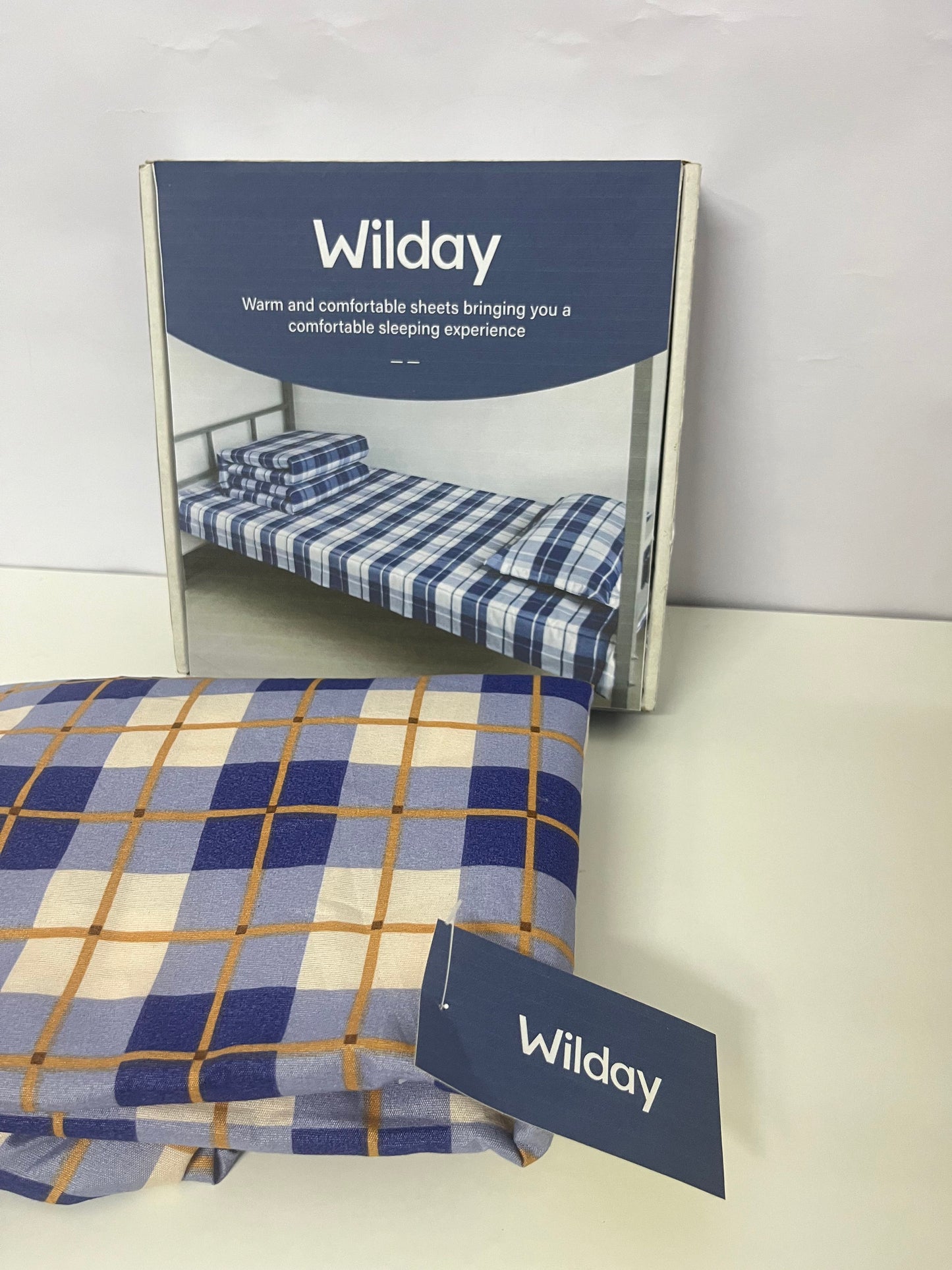 Wilday Checkered Bedsheet Set - Soft Warm Fabric Bedding for Dorm & Home, Blue Beige Plaid Sheets & Pillowcases for Comfortable Sleep