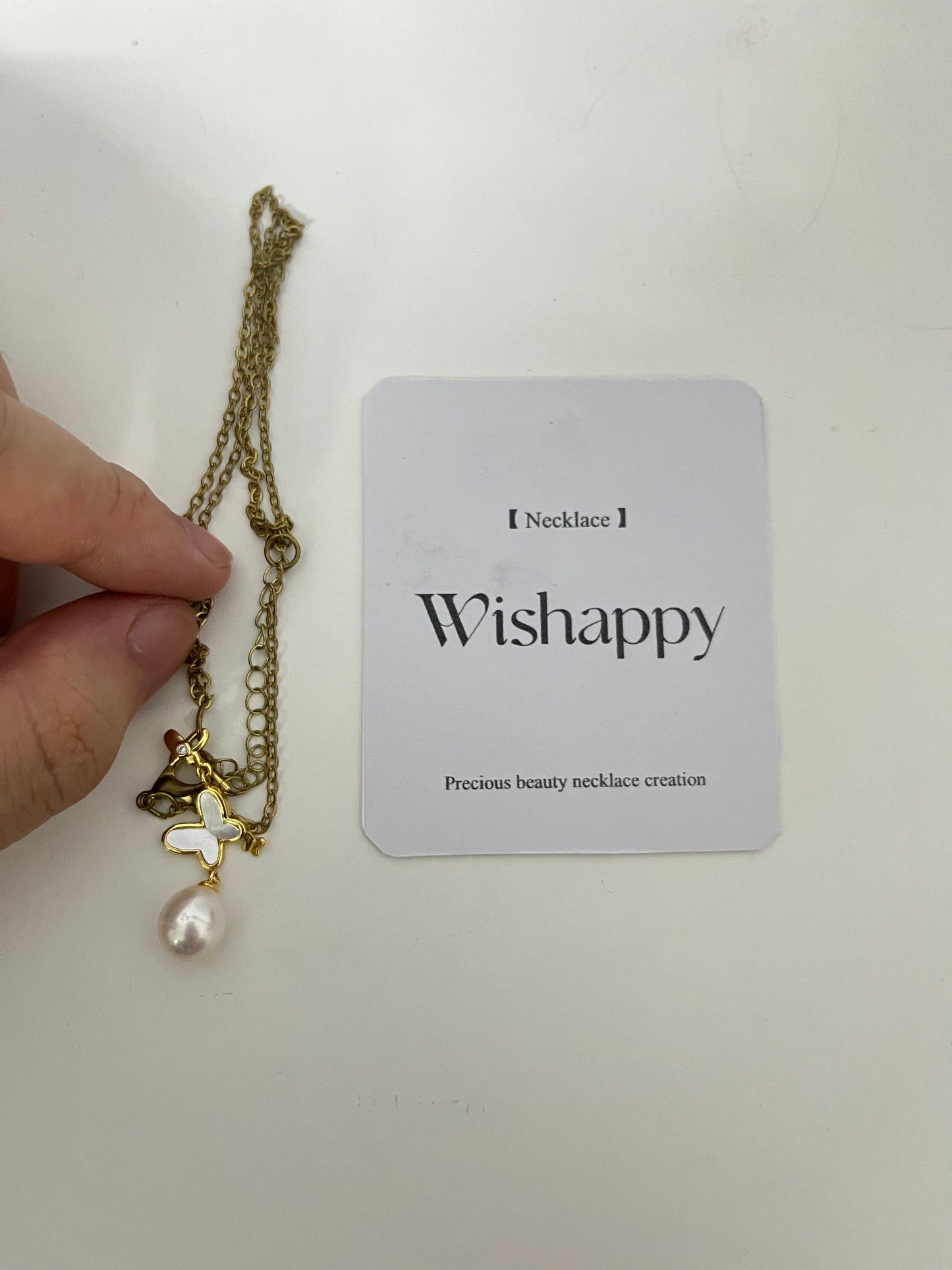 Wishappy Layered Gold Necklace - Enamel Butterfly & Pearl Pendant, Adjustable Chain for Versatile Styling