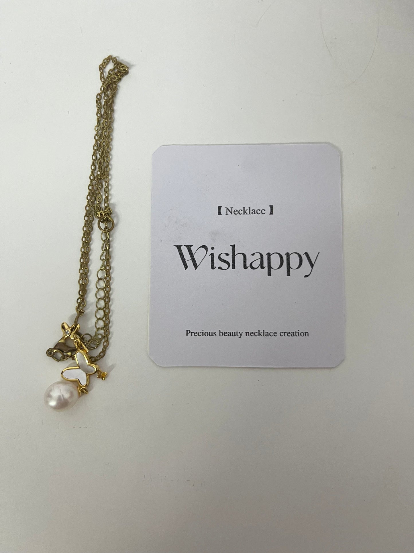 Wishappy Layered Gold Necklace - Enamel Butterfly & Pearl Pendant, Adjustable Chain for Versatile Styling