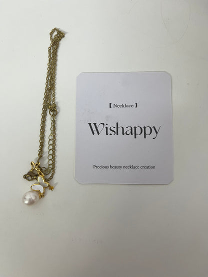 Wishappy Layered Gold Necklace - Enamel Butterfly & Pearl Pendant, Adjustable Chain for Versatile Styling
