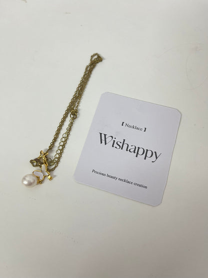 Wishappy Layered Gold Necklace - Enamel Butterfly & Pearl Pendant, Adjustable Chain for Versatile Styling